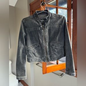 Limited edition GAP cropped distressed black denim jacket.